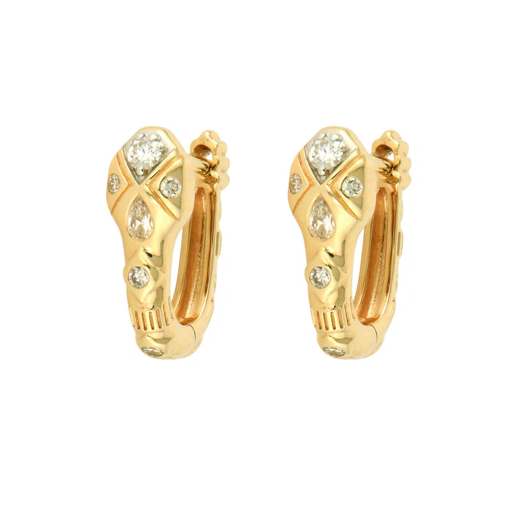Pair of Copperhead Diamond Snake Huggie Hoops front view on white background