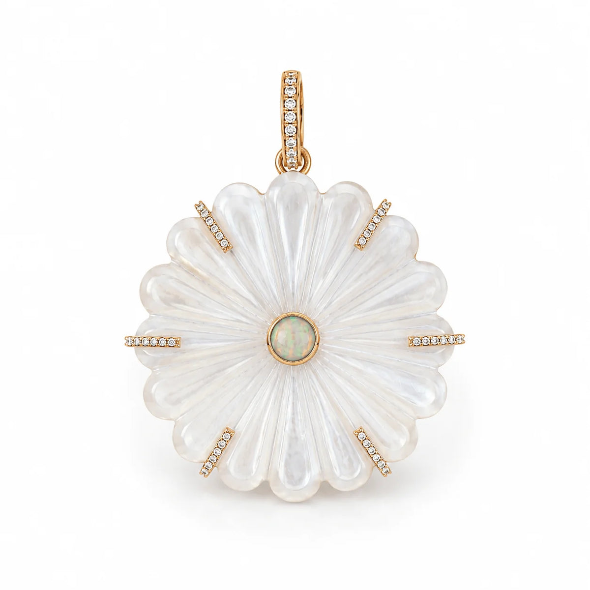 A gold pendant featuring a large, scalloped white mother-of-pearl flower with a central iridescent opal and small clear stones along the petal edges and bail, set against a plain white background.