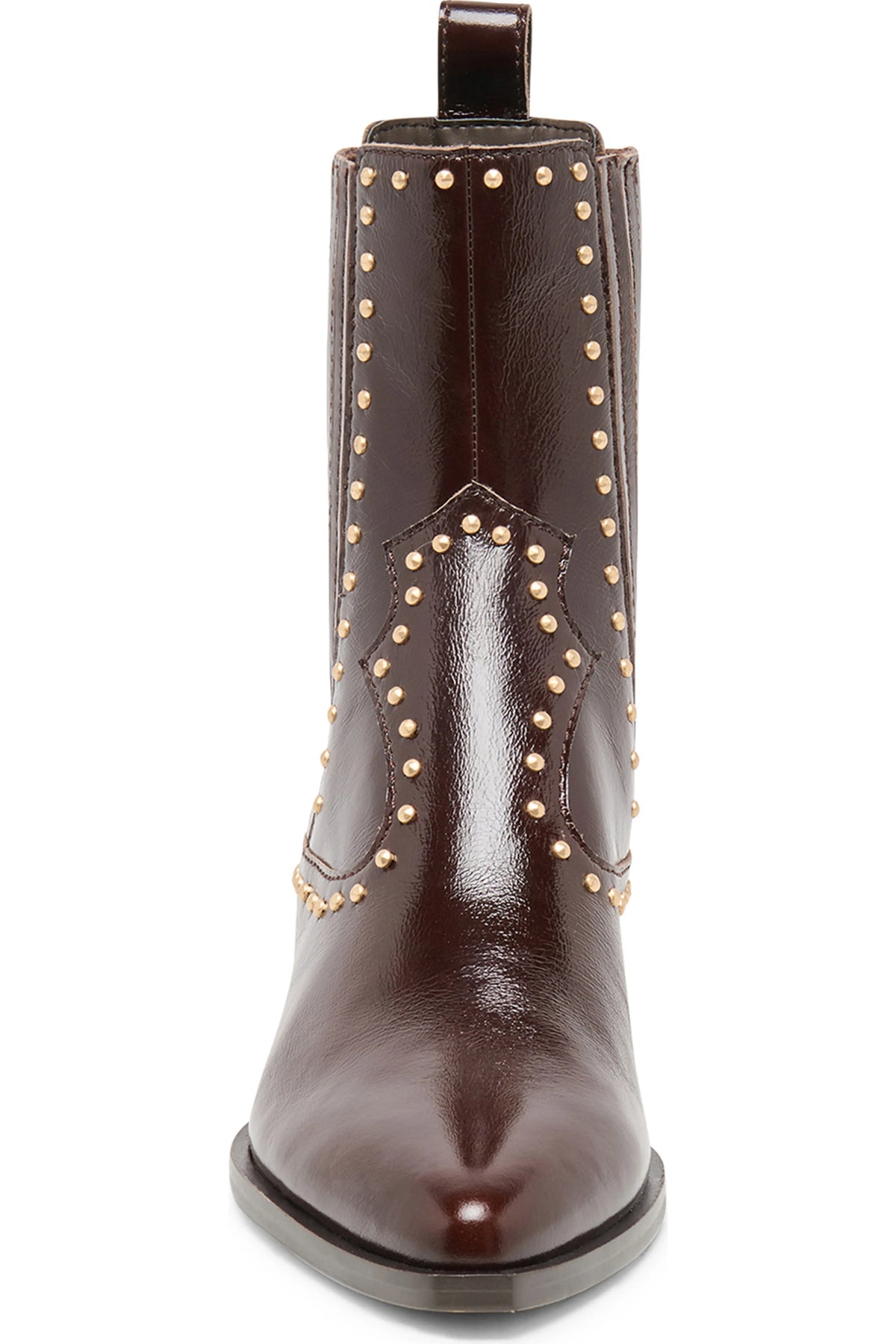 A dark brown leather ankle boot with pointed toe, studded details, and a pull tab, shown against a plain white background.