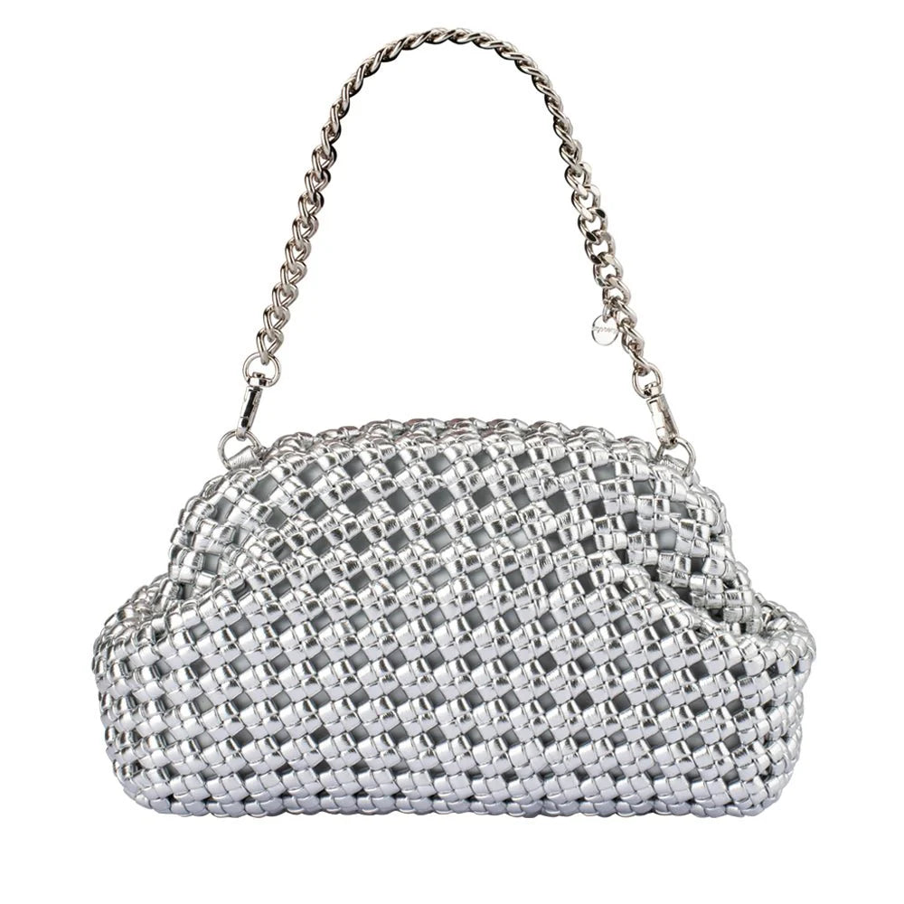 Silver woven handbag with chain shoulder strap on a white background
