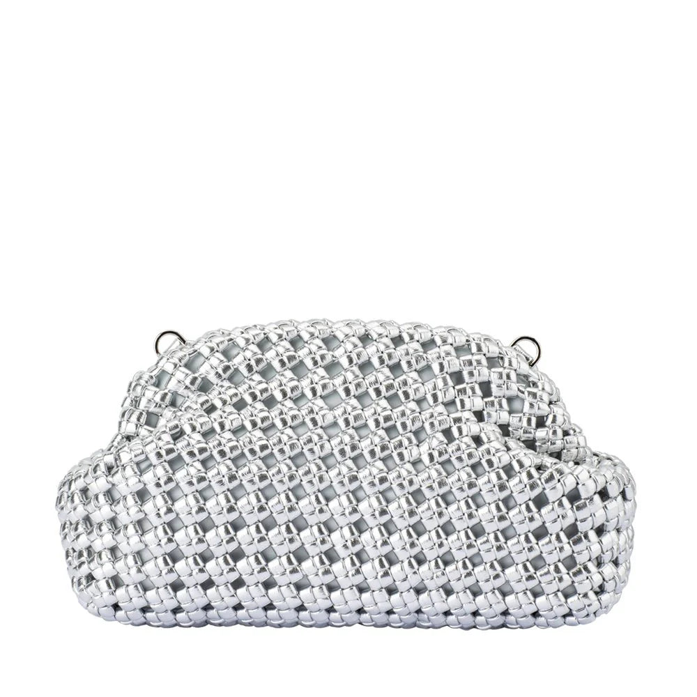 Silver woven clutch bag on a white background