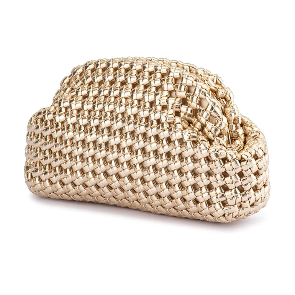 Gold woven clutch bag on a white background