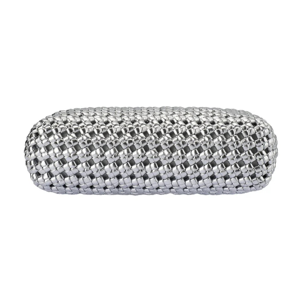 Silver woven clutch bag on a white background bottom view