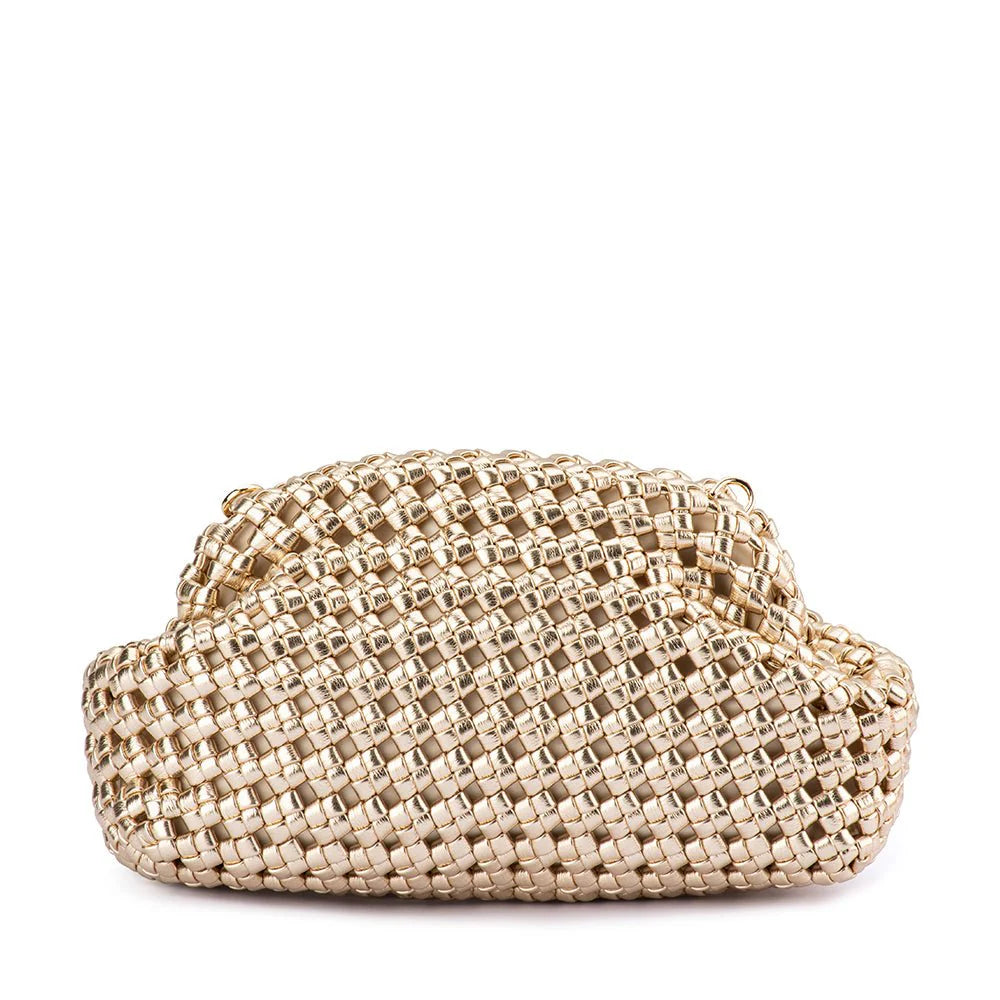 Gold woven clutch bag on a white background