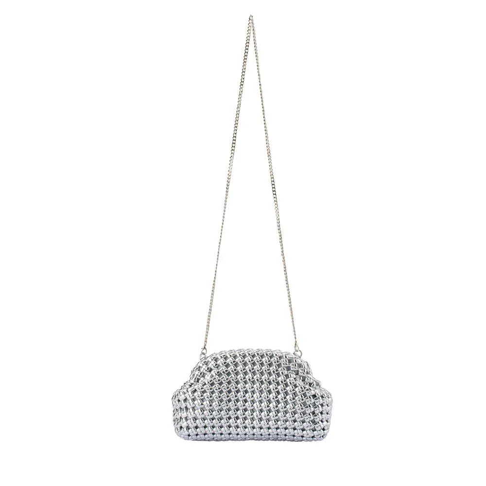 Silver woven clutch bag with long chain strap on a white background