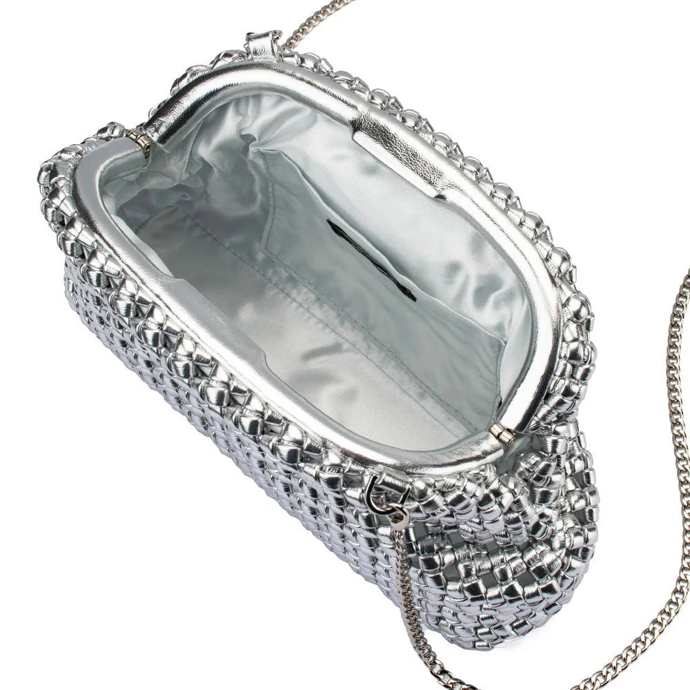 Silver clutch bag with chain strap open on a white background