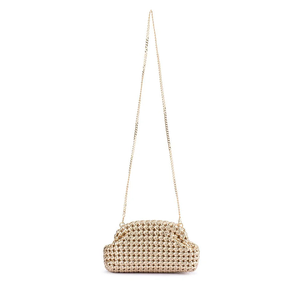Gold beaded handbag with a chain strap on a white background