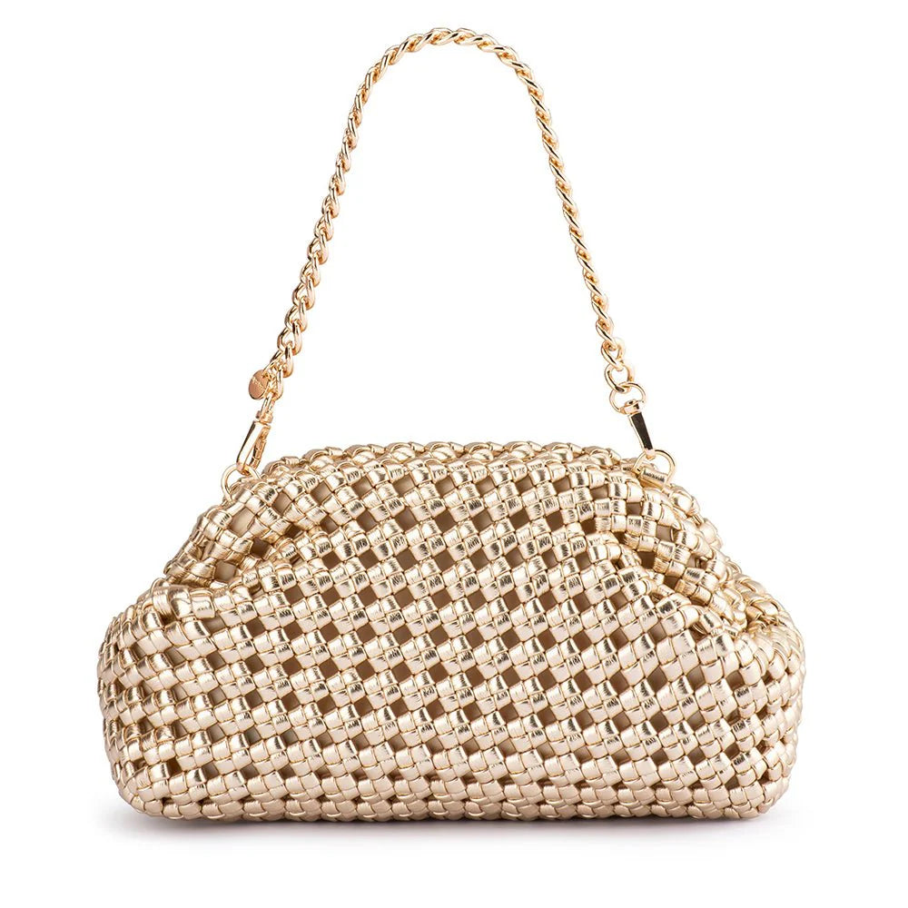 Gold woven handbag with a chain handle on a white background