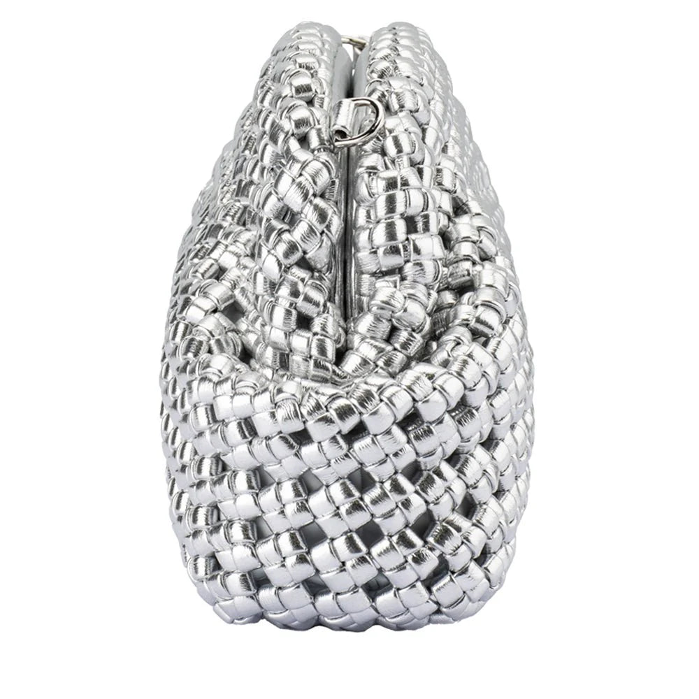 Silver woven clutch bag on a white background side