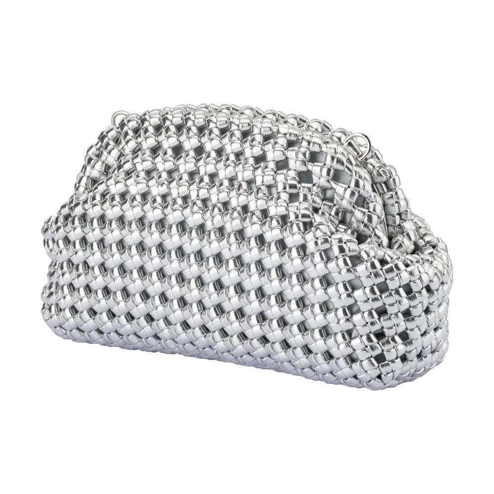 Silver woven handbag on a white background