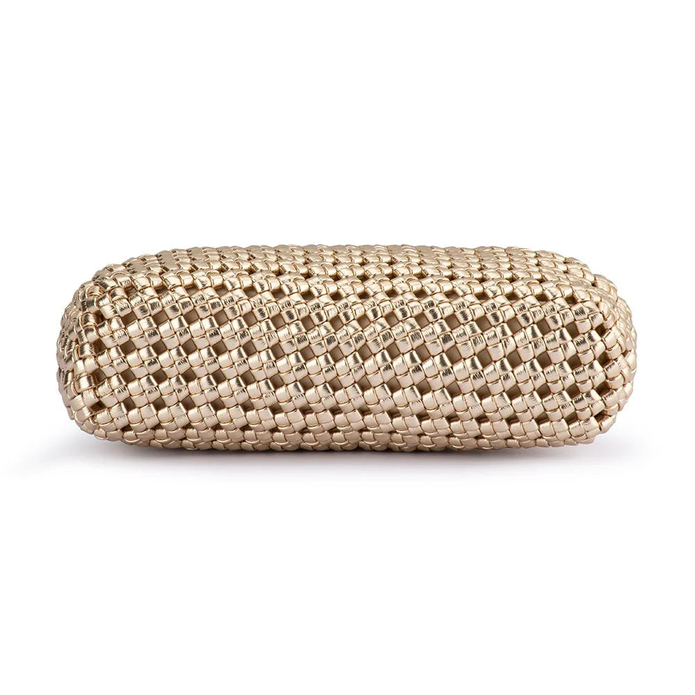 Gold mesh clutch bag on a white background bottom view