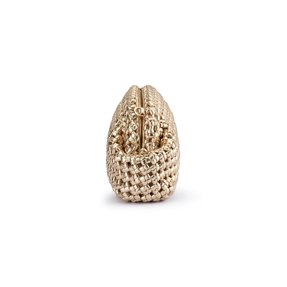 Gold clutch bag with textured pattern on a white background side view