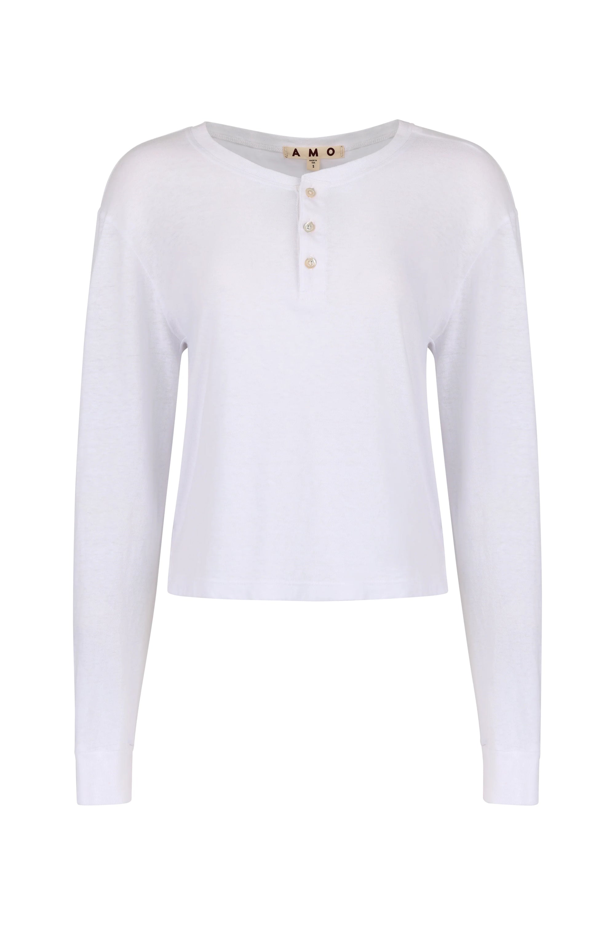 A white long-sleeve cropped henley top with three buttons on the chest, displayed on a clean white background.