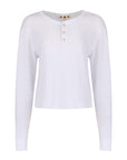 A white long-sleeve cropped henley top with three buttons on the chest, displayed on a clean white background.