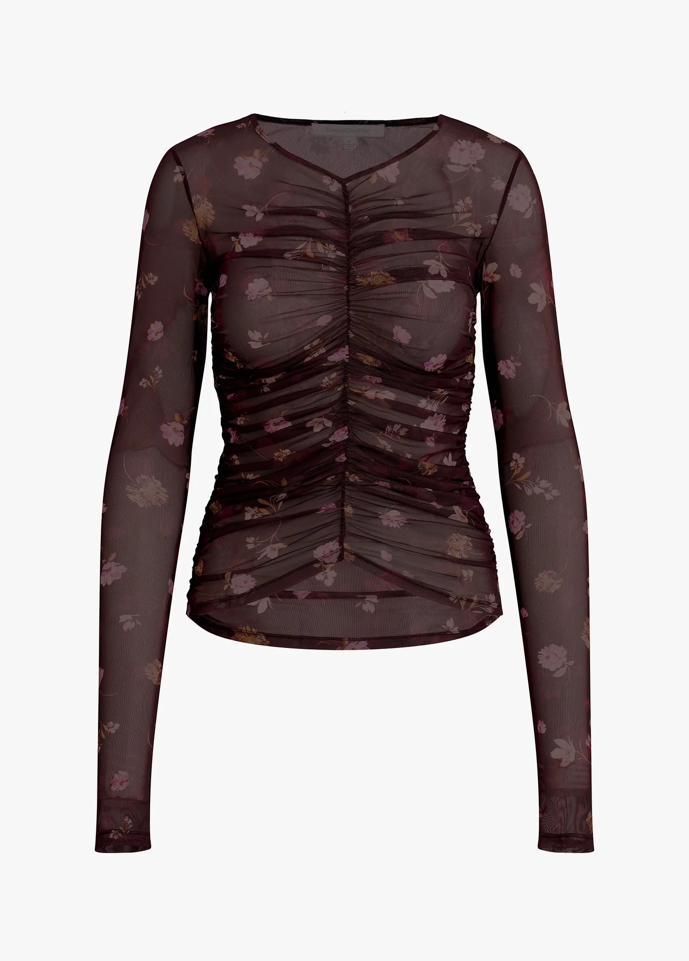 Sheer black long-sleeve top with floral pattern on a white background front view