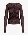 Sheer black long-sleeve top with floral pattern on a white background front view