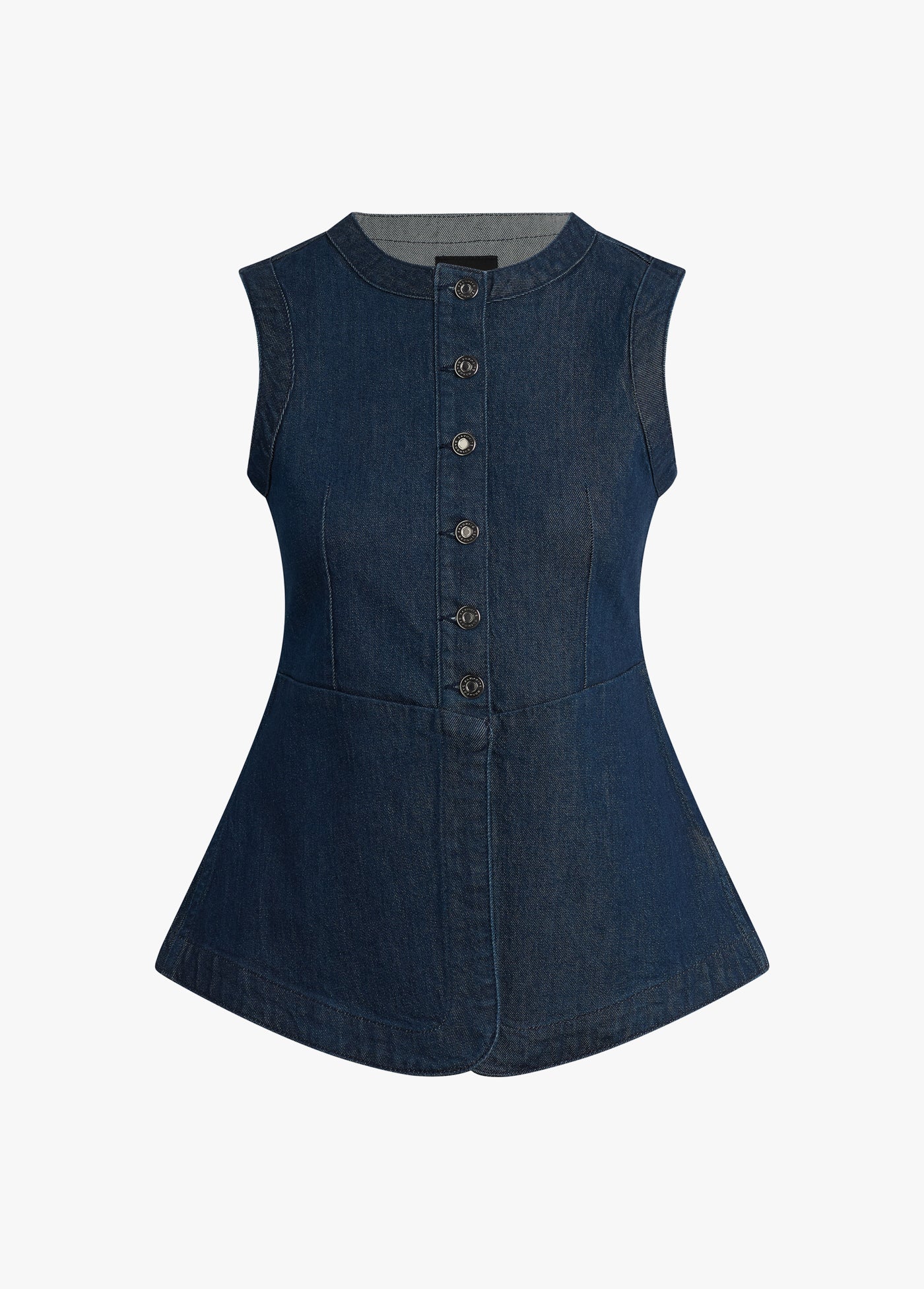 Denim vest with button details on a white background