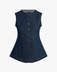 Denim vest with button details on a white background