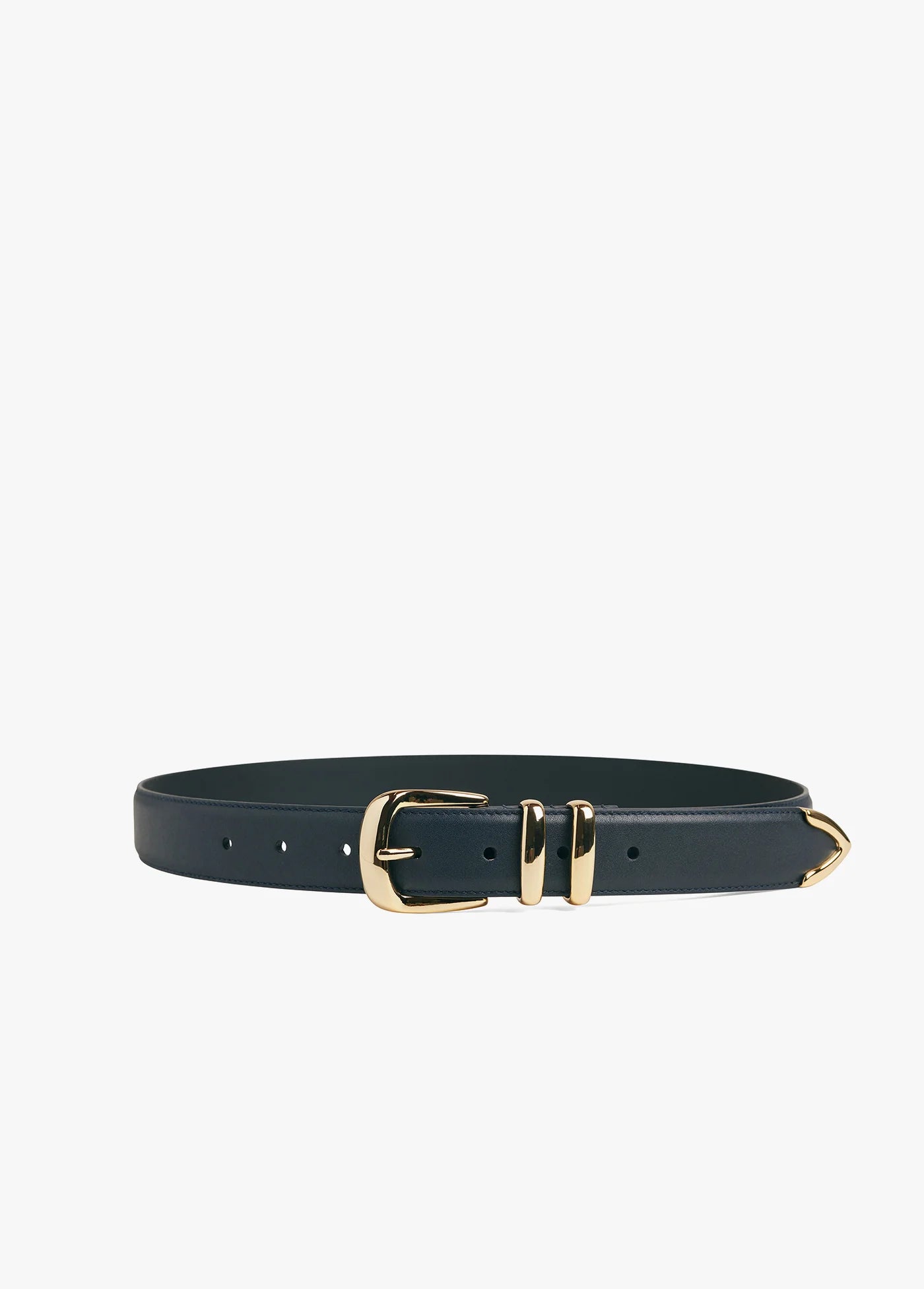 Black leather belt with gold buckle on a white background
