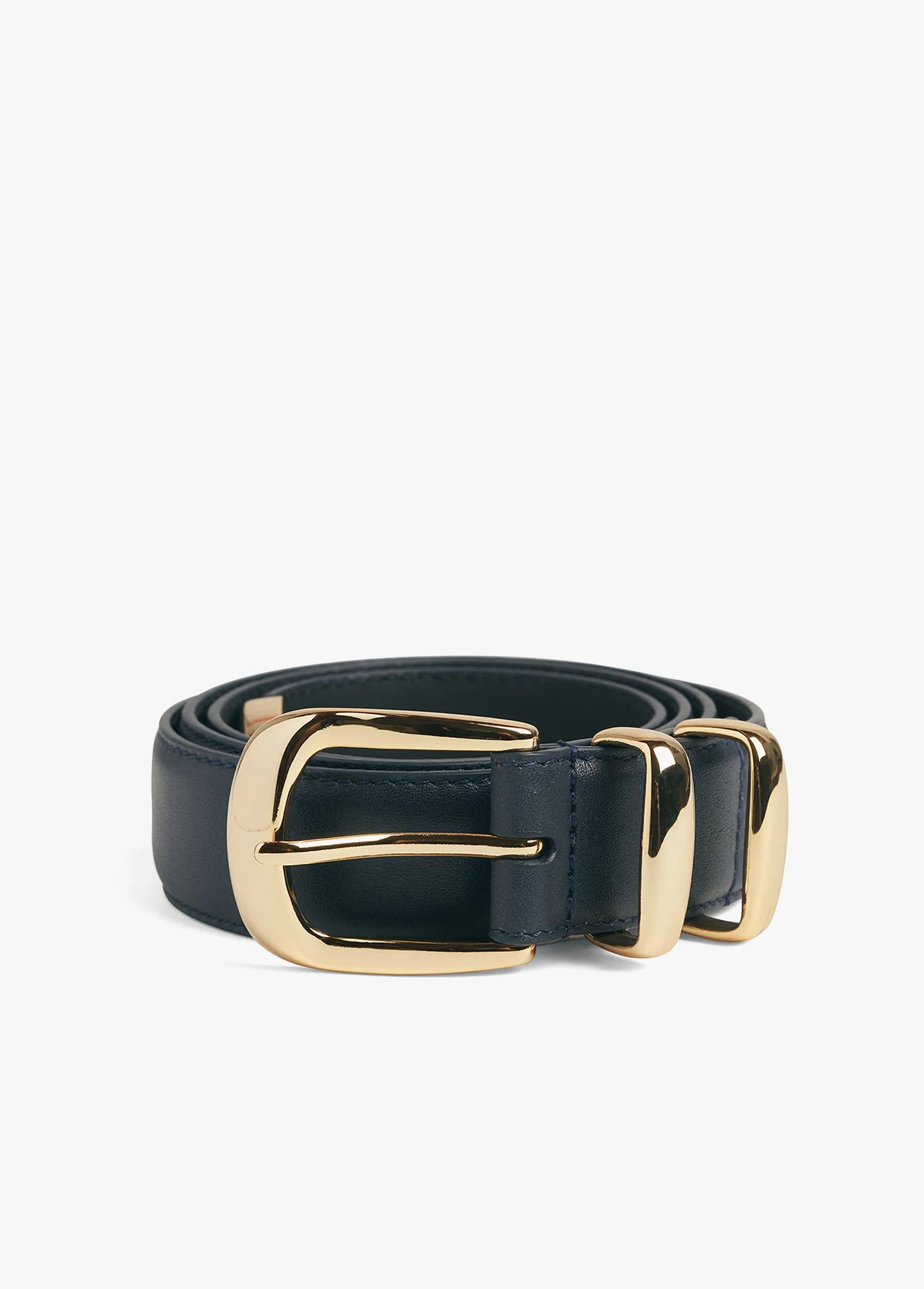 Black leather belt with a gold buckle on a white background