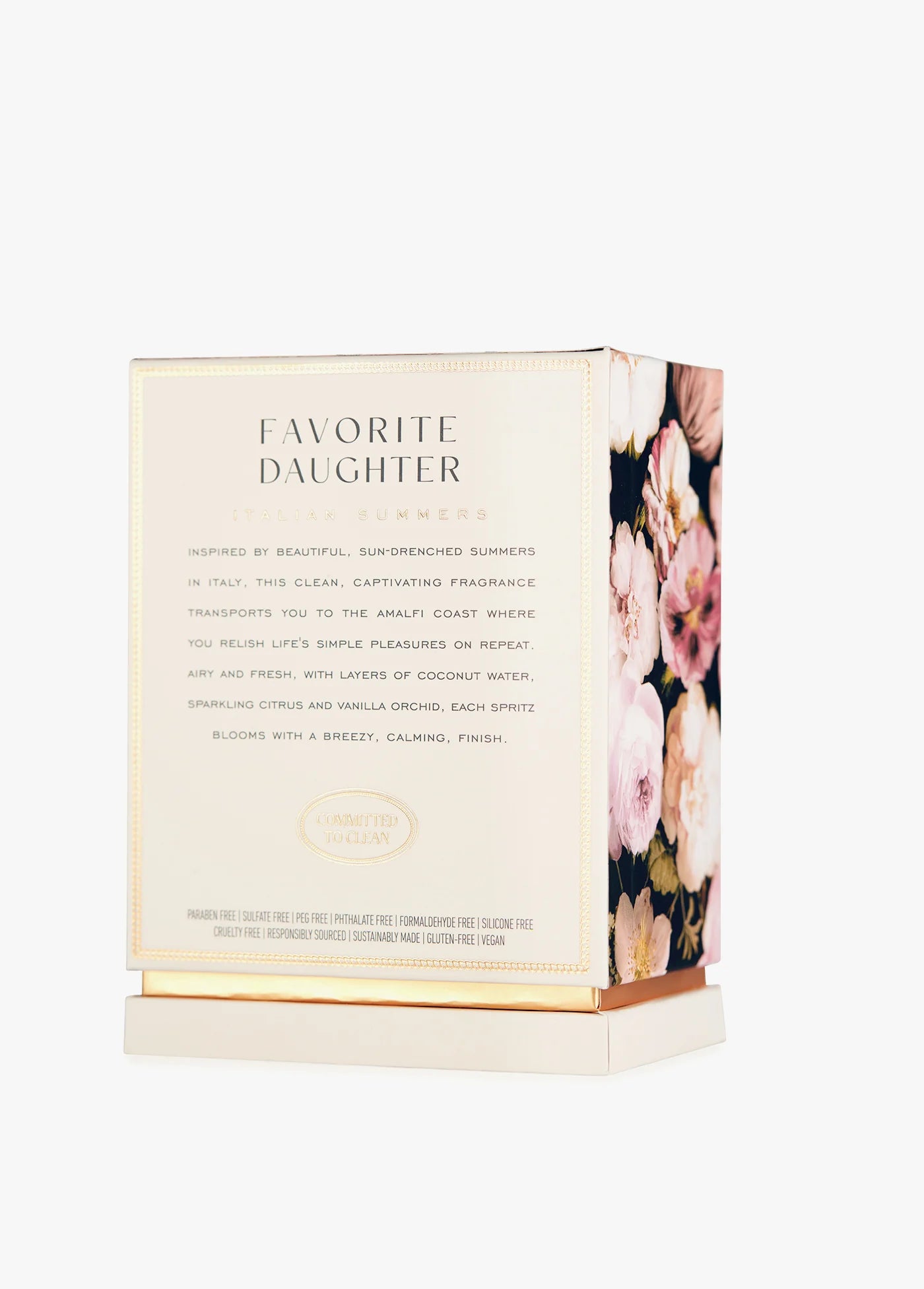 Product packaging with floral design and text on a white background