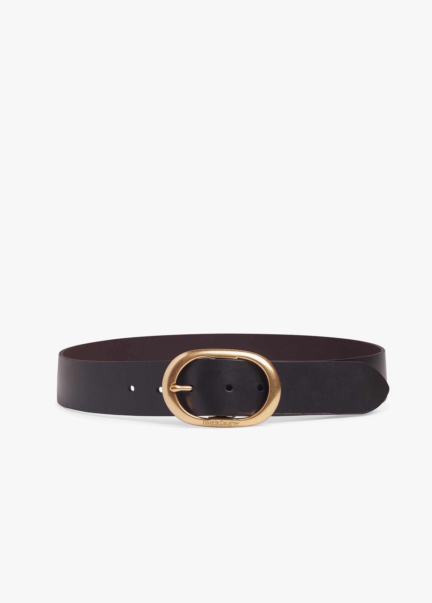 Black leather belt with a gold buckle on a white background