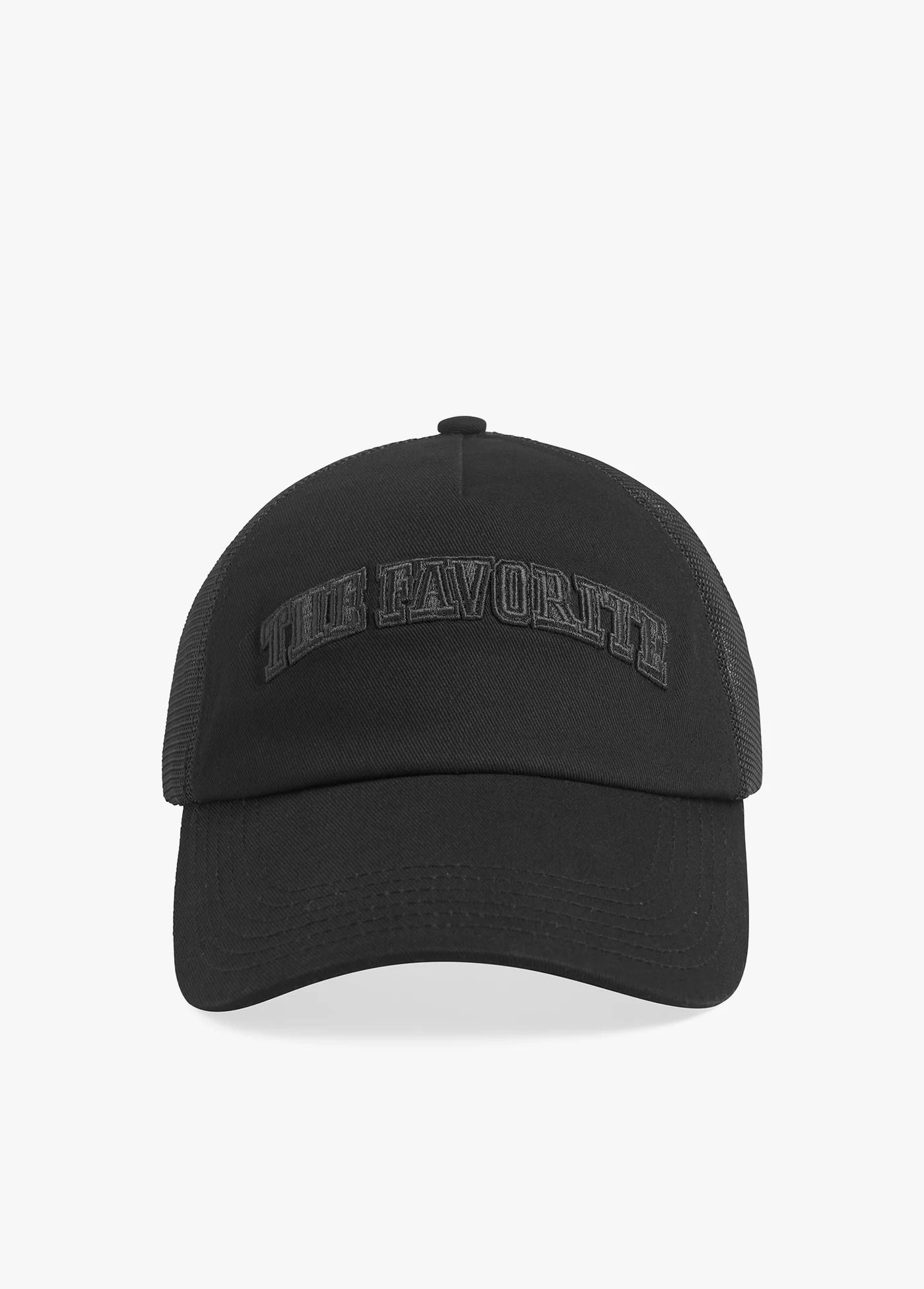 the favorite embroidered black trucker hat on white background