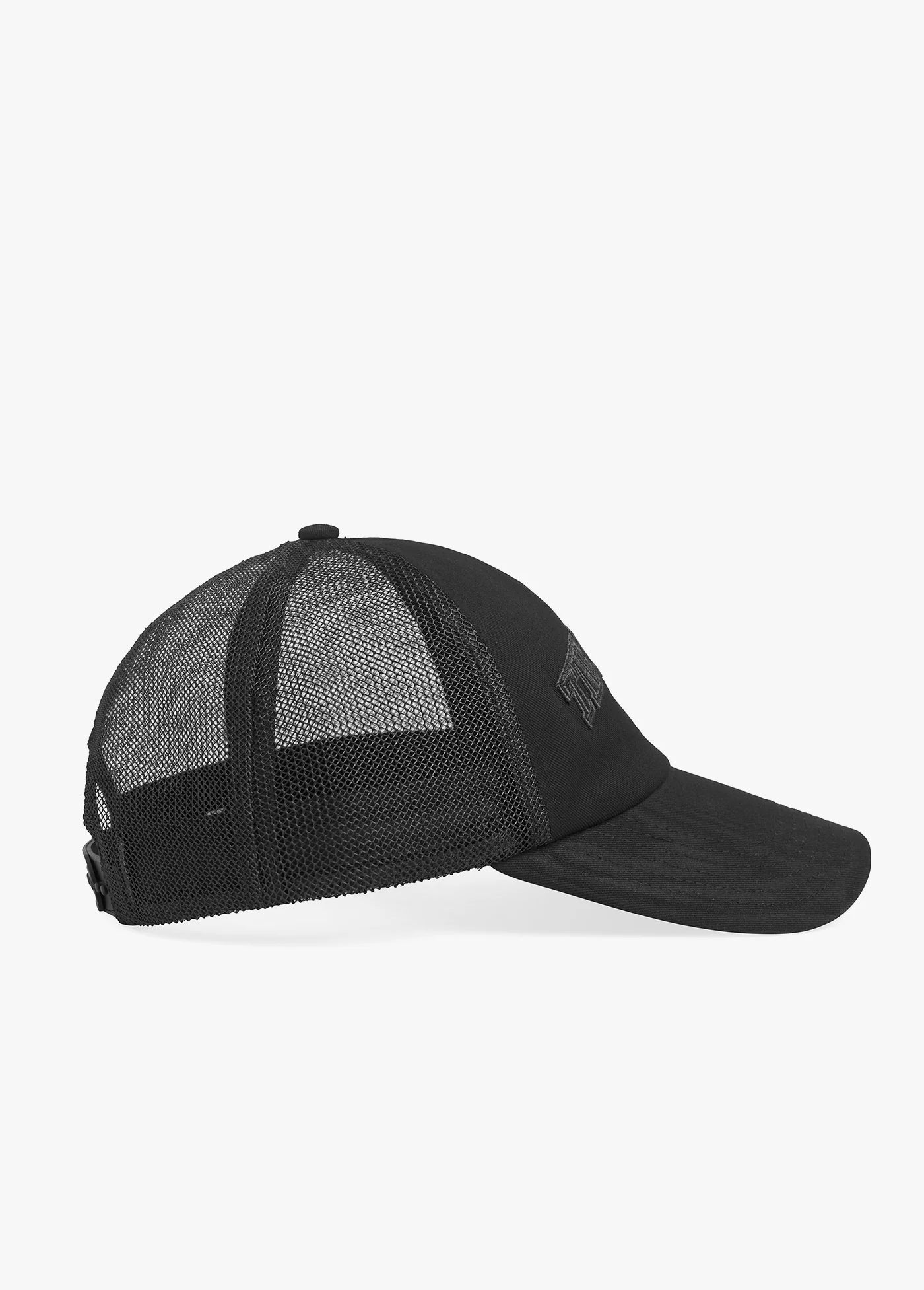 the favorite embroidered black trucker hat on white background, side