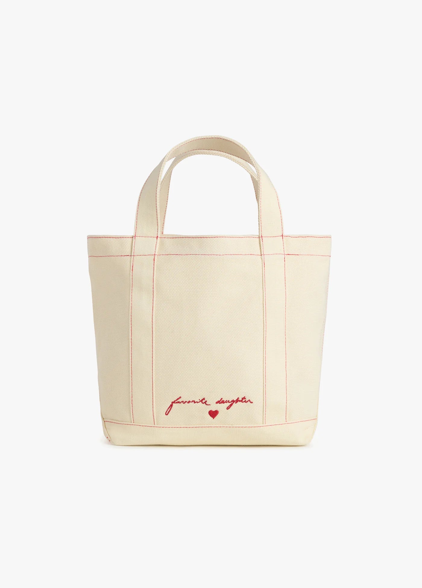 Beige tote bag with red text and heart on a white background