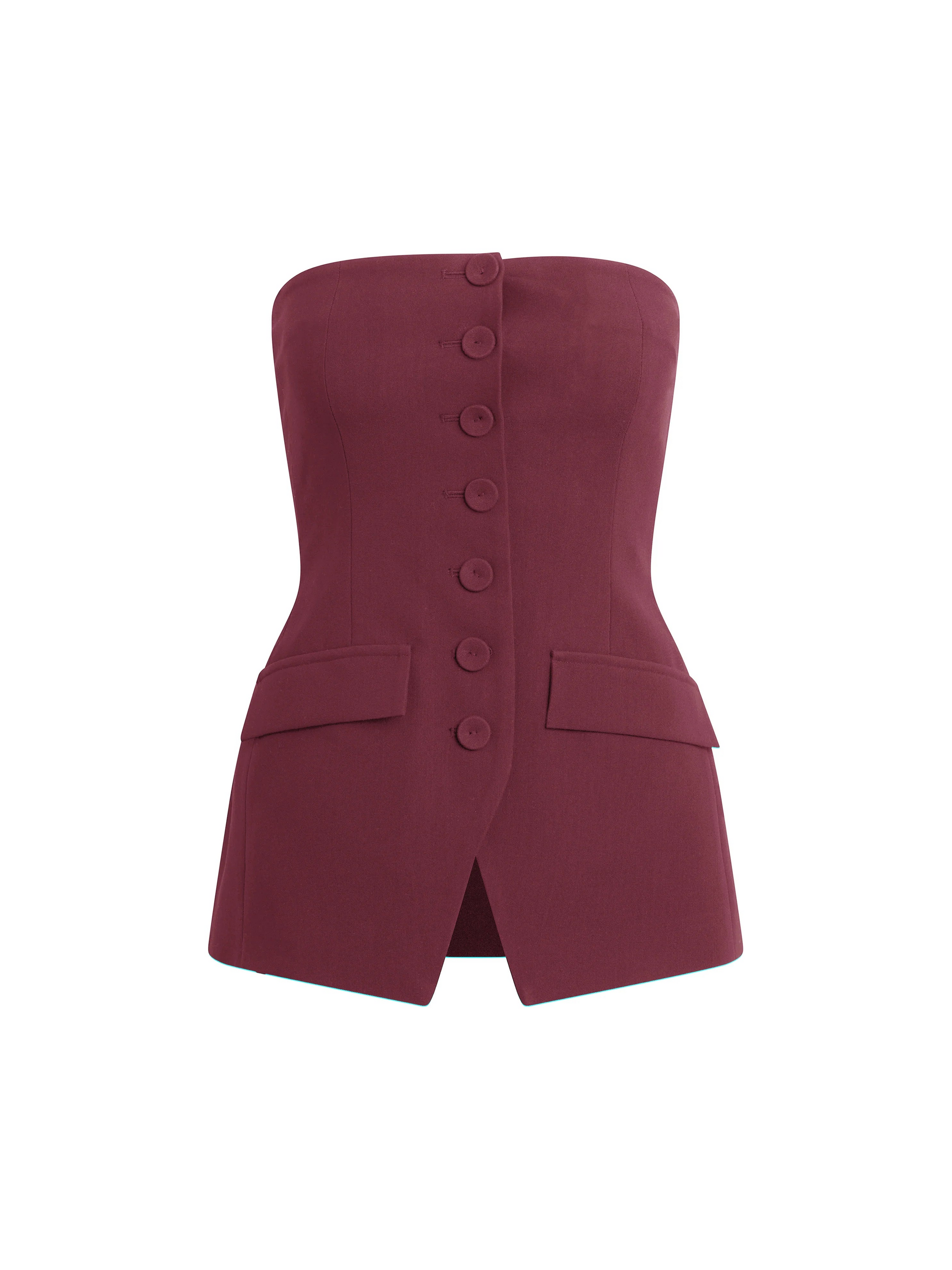 Maroon strapless top with buttons on a white background