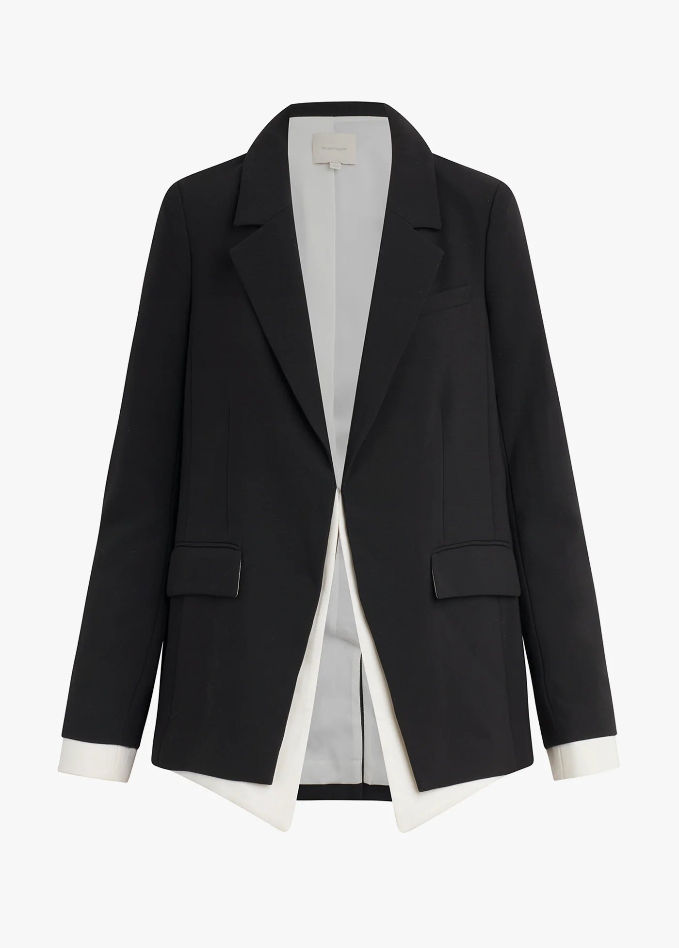 Black blazer with white trim on a white background