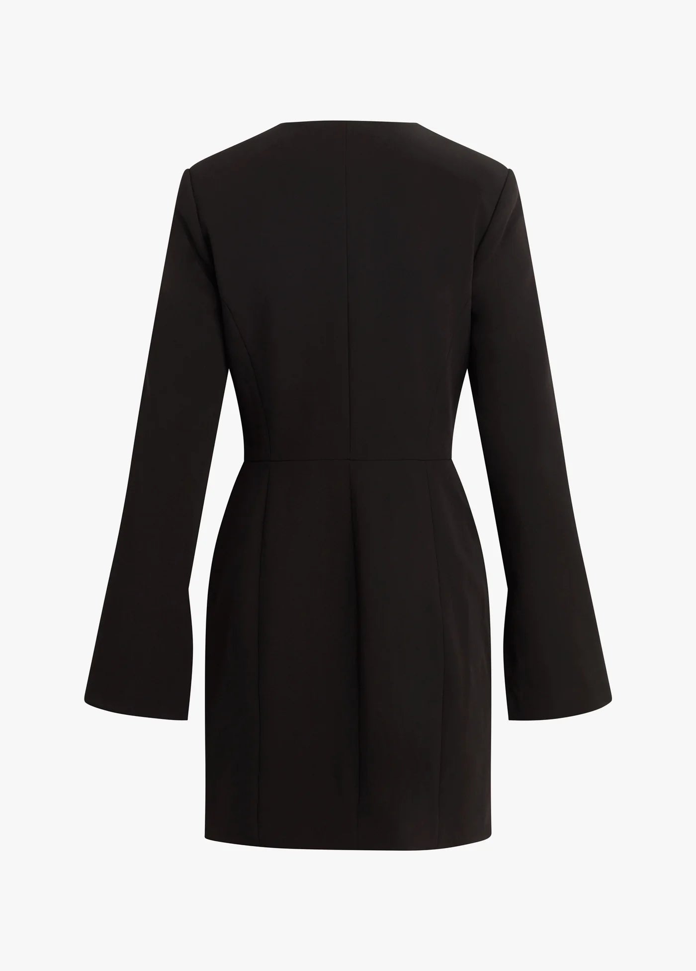 Black dress with a V-neckline and long sleeves on a white background