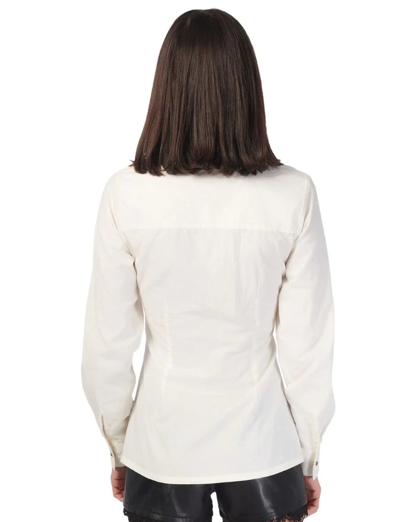 Back view of a person wearing a white long-sleeve shirt on a white background back view