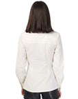Back view of a person wearing a white long-sleeve shirt on a white background back view