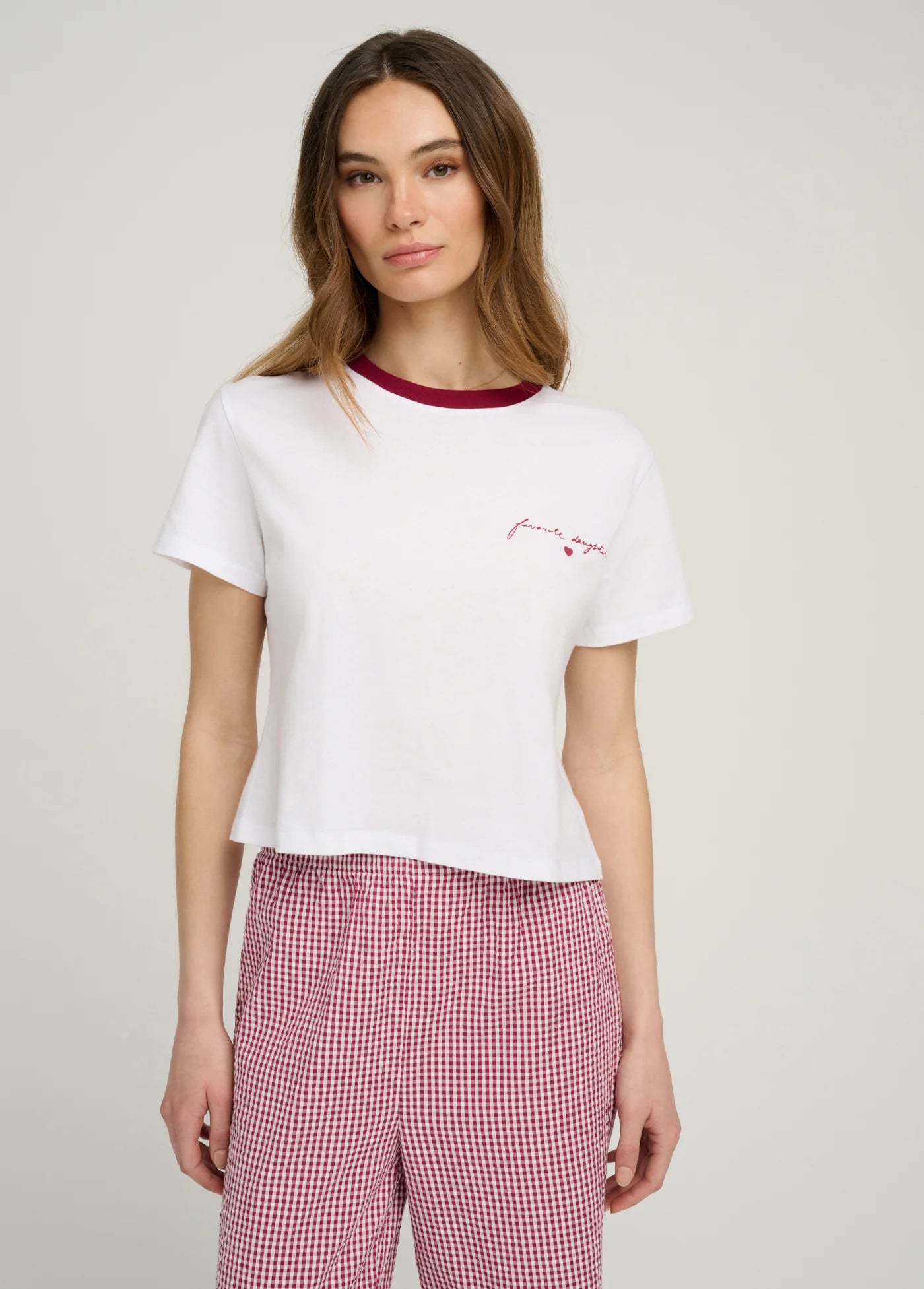 The Signature Chest Logo Ringer Top close up front view on model