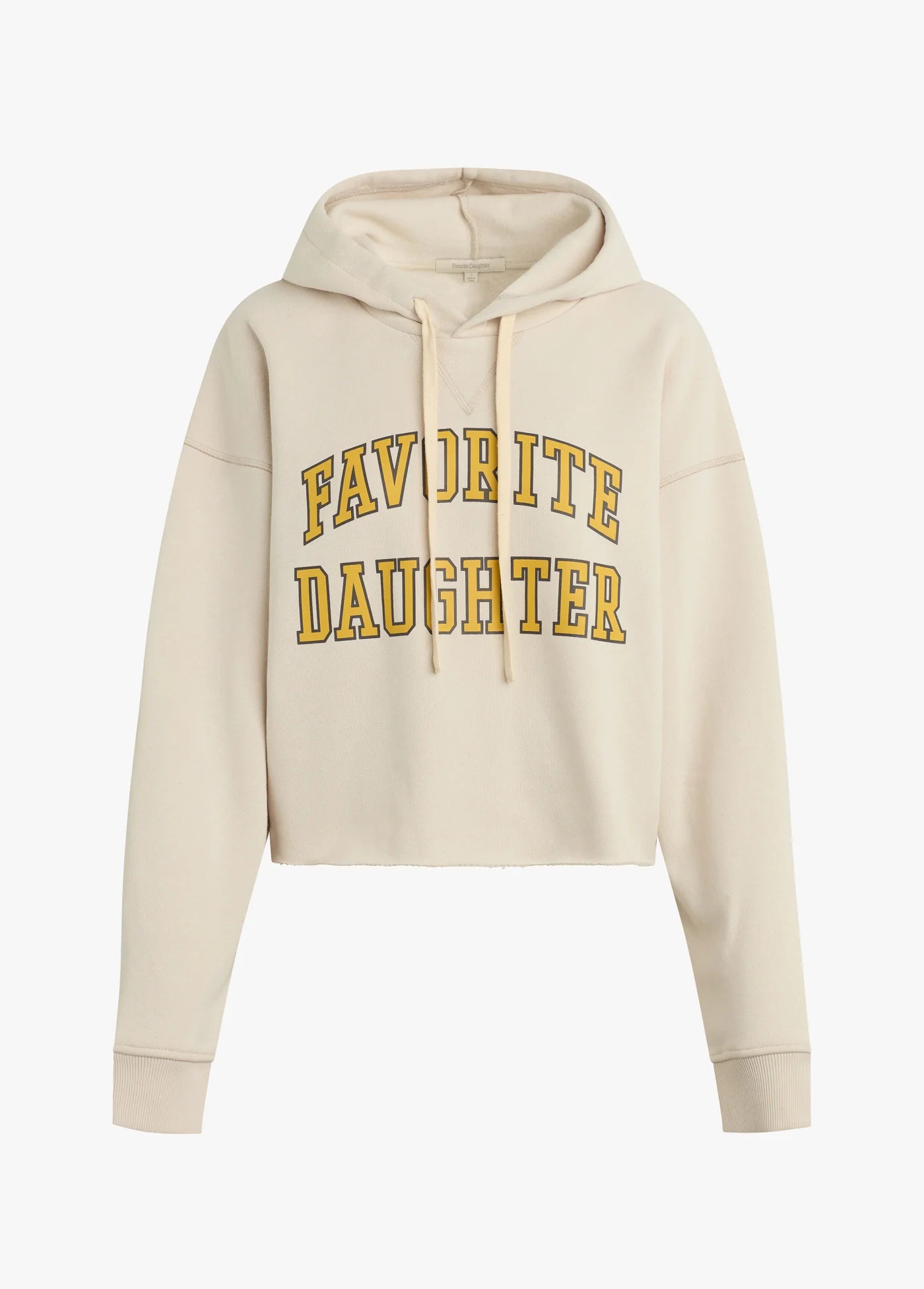 Beige hoodie with 'Favorite Daughter' text in yellow on a white background