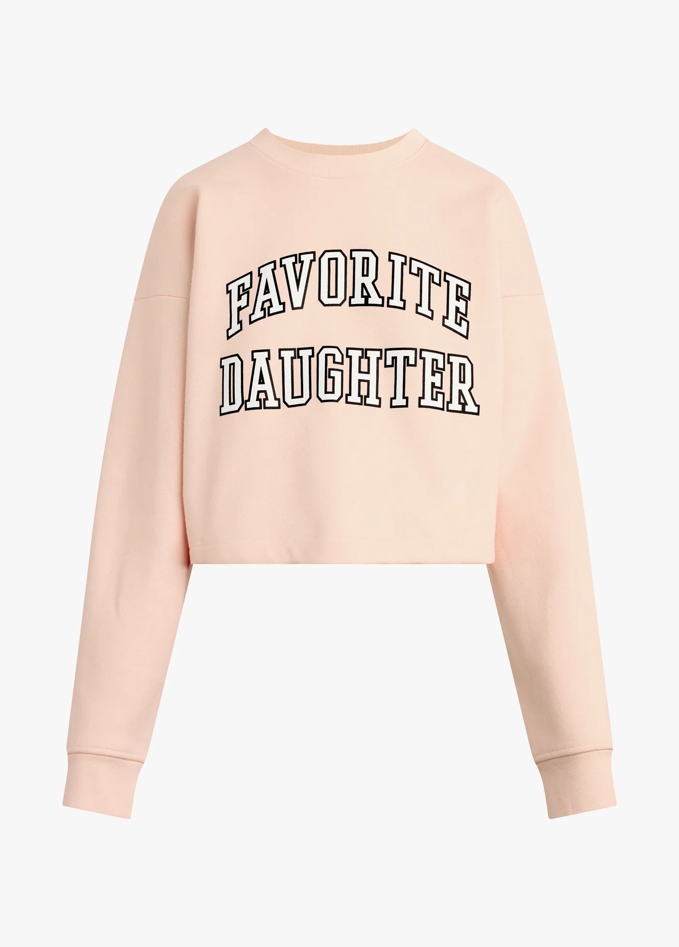 Pink sweatshirt with 'Favorite Daughter' text on a white background
