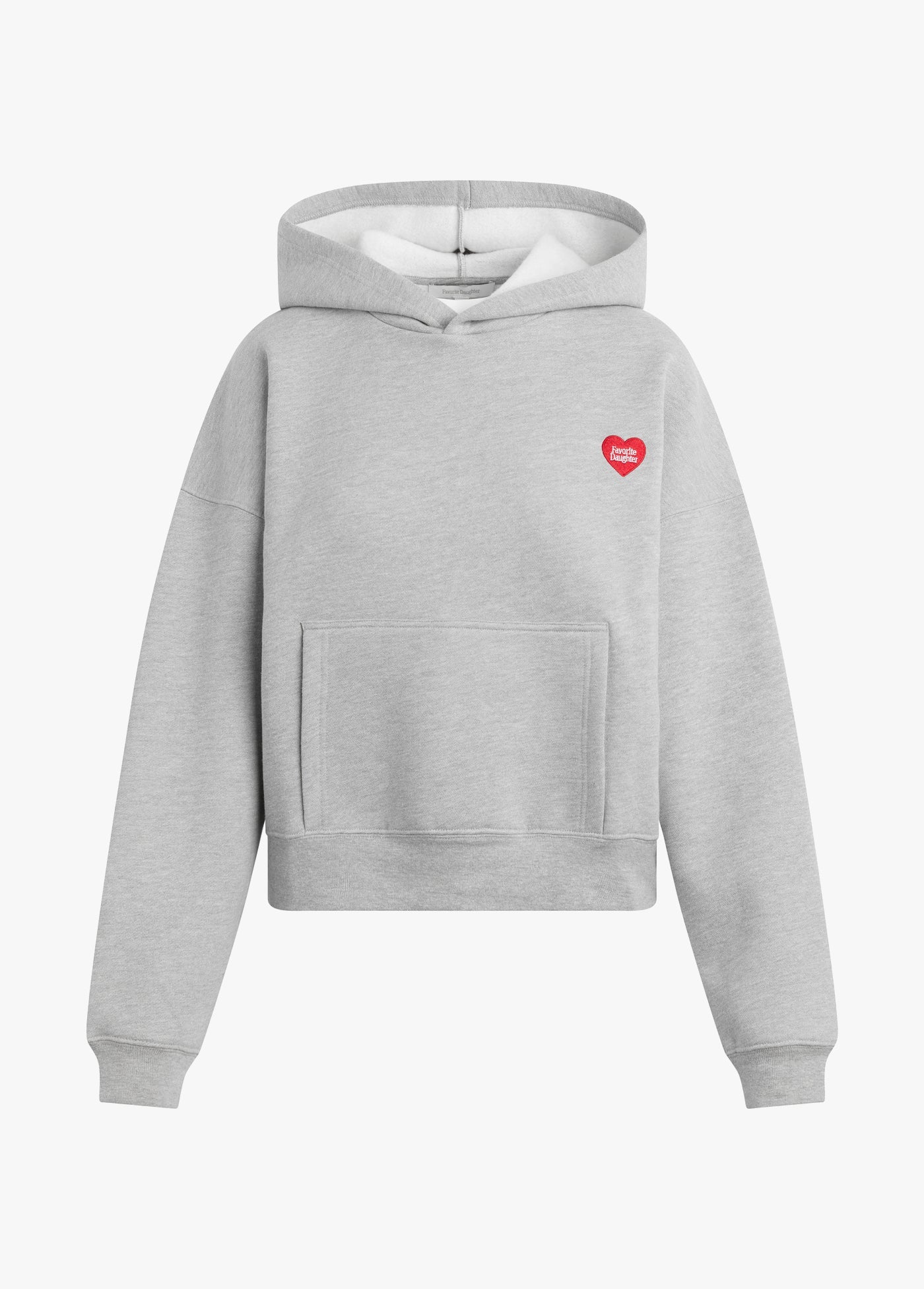Gray hoodie with a red heart logo on a white background