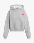 Gray hoodie with a red heart logo on a white background