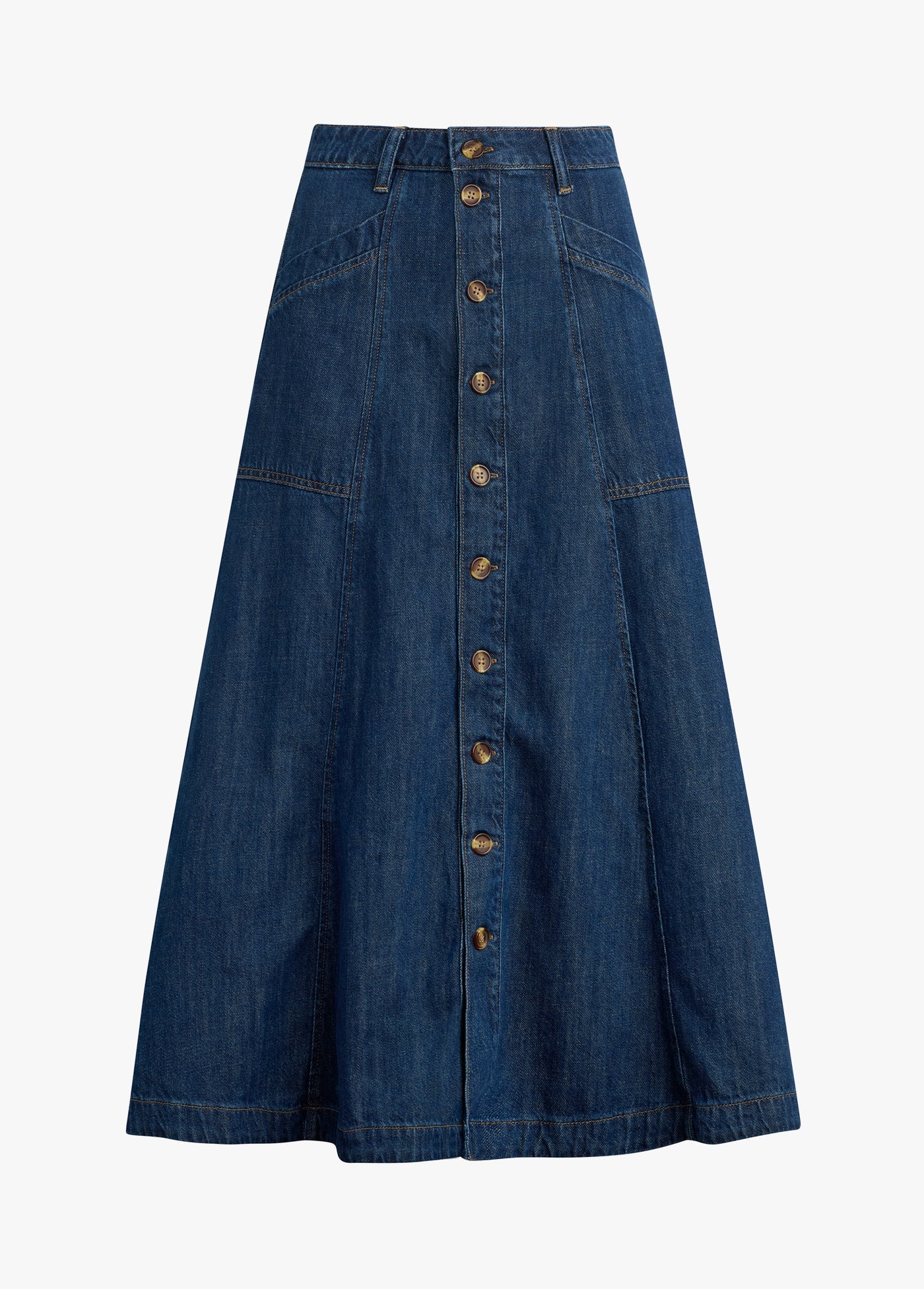 Denim skirt with button details on a white background