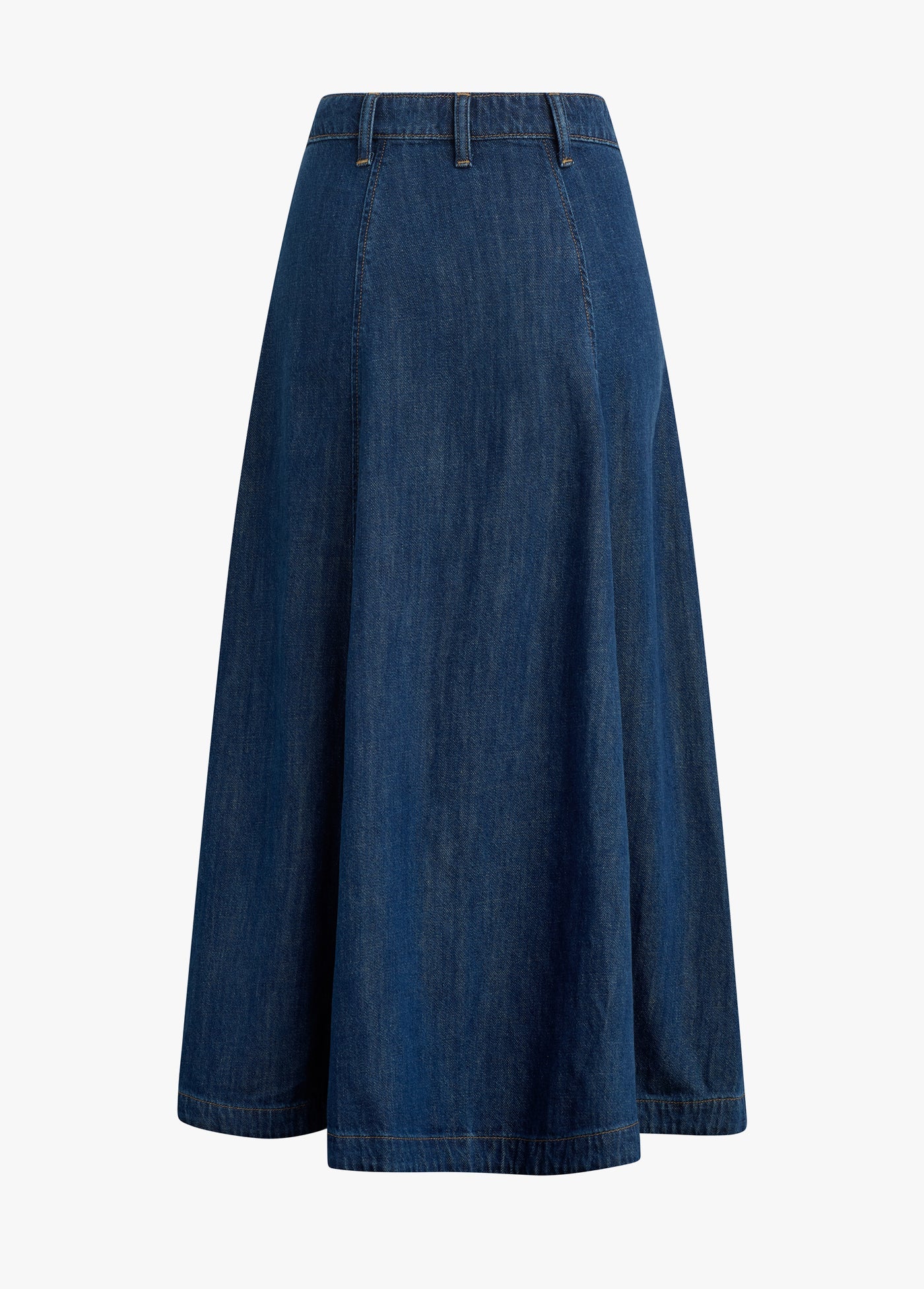 Blue denim skirt on a white background, back