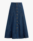 Denim skirt with button details on a white background