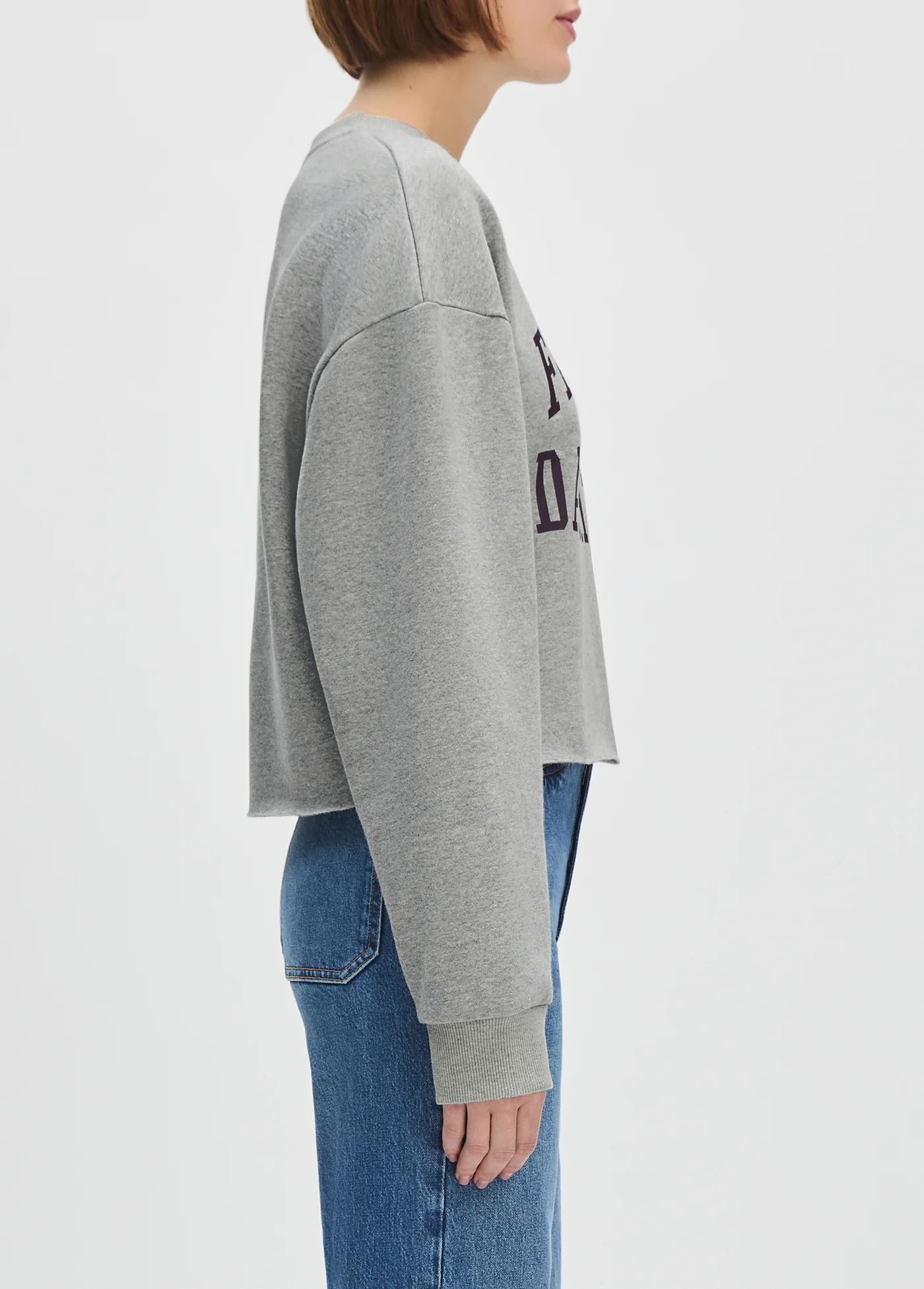 Person wearing a gray sweatshirt with text on a light gray background front view