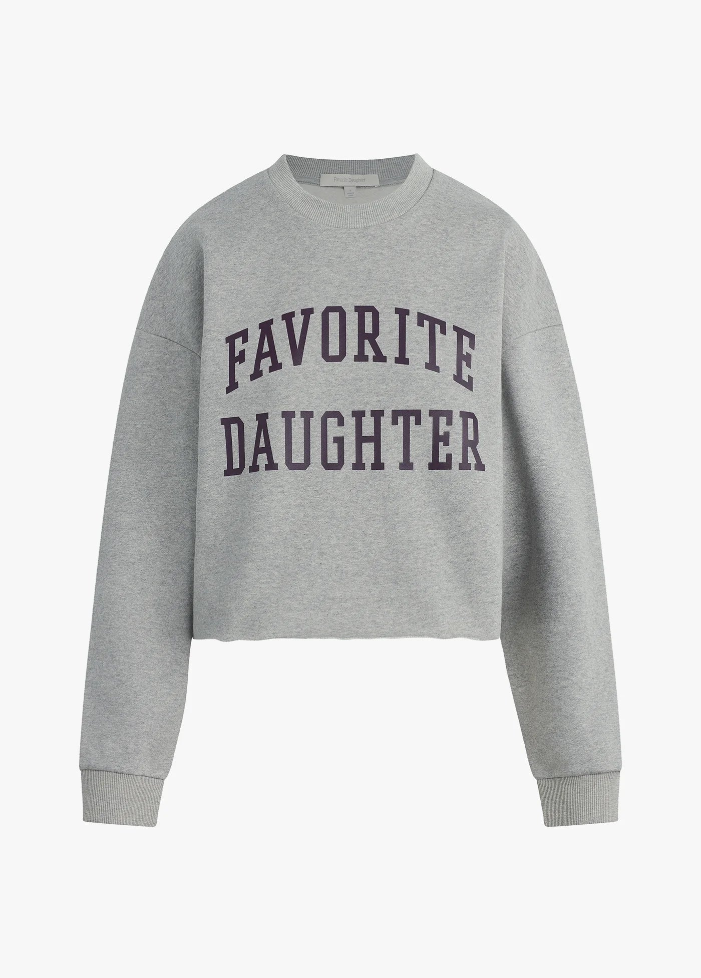 Gray sweatshirt with 'Favorite Daughter' text on a white background front view