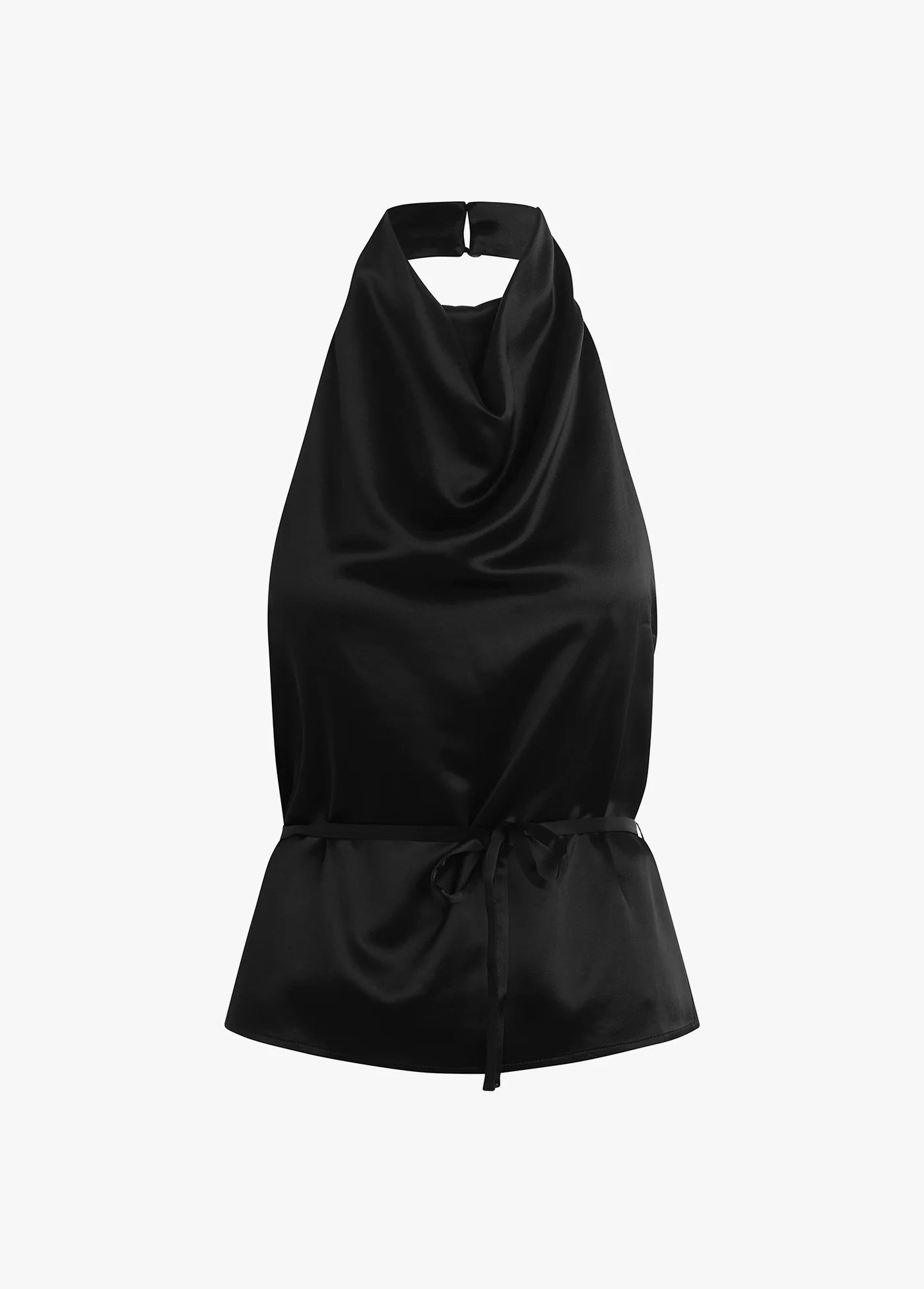Black halter neck top with draped design on a white background