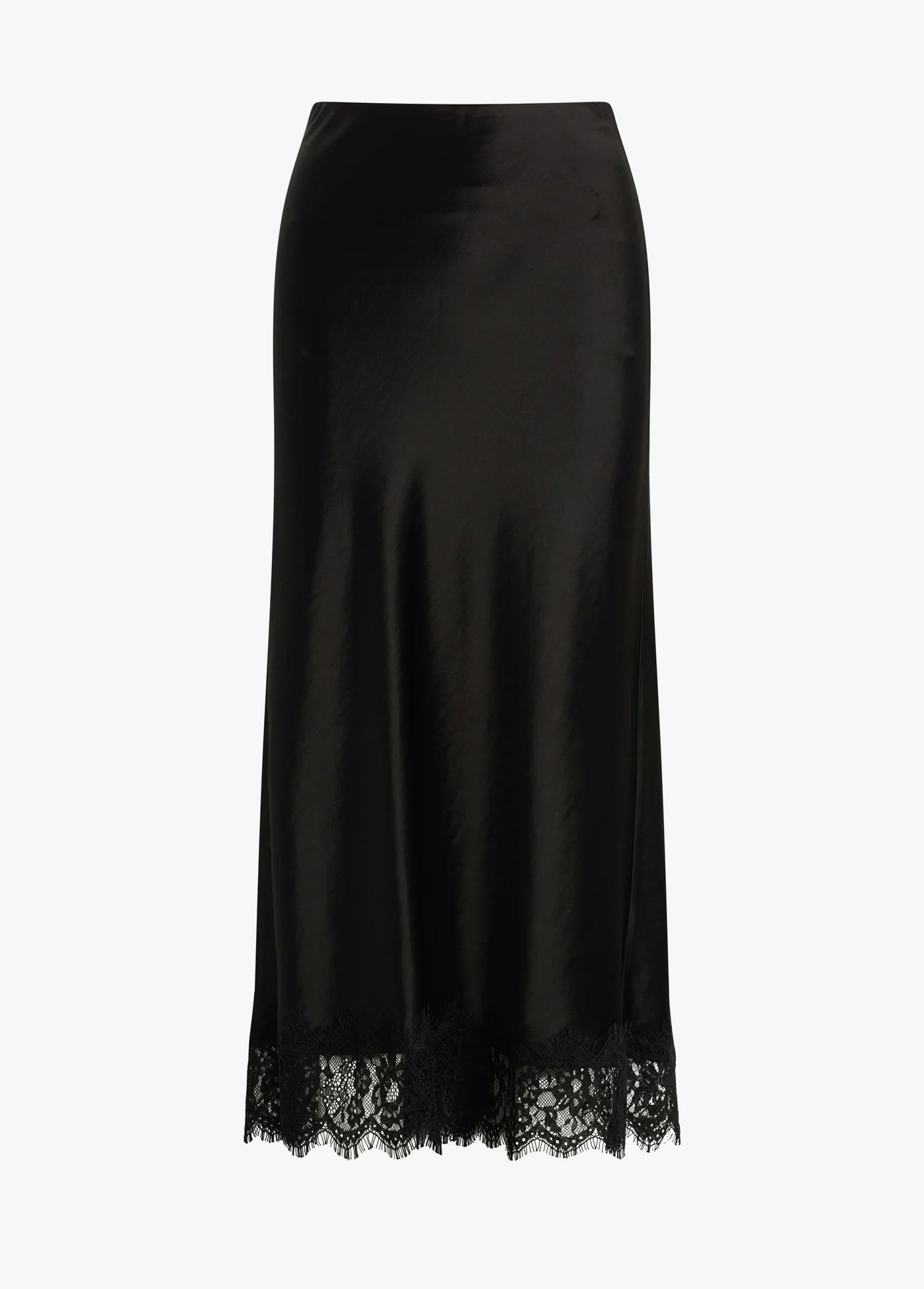 Black satin skirt with lace hem on a white background