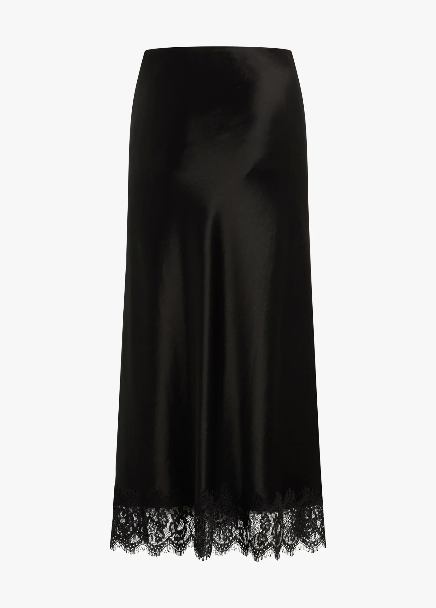 Black satin skirt with lace hem on a white background
