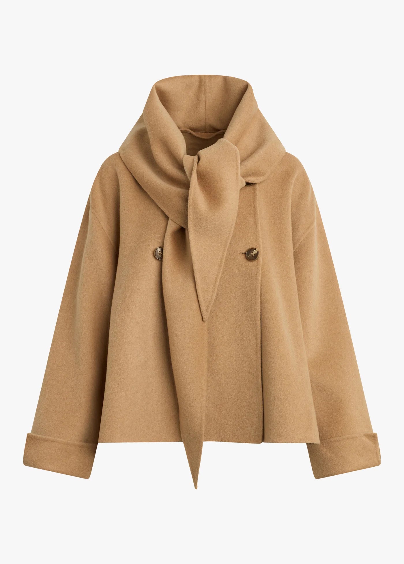 Tan coat with a scarf on a white background