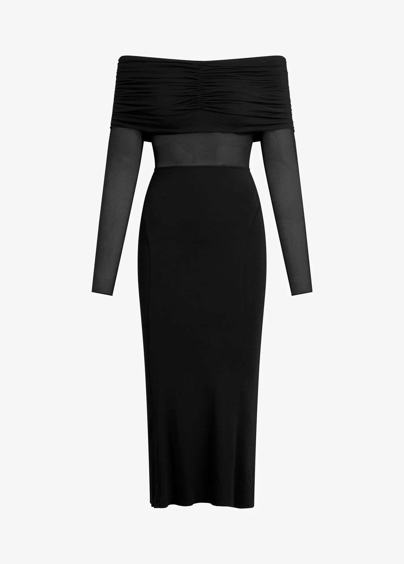 Black off-shoulder dress on a white background