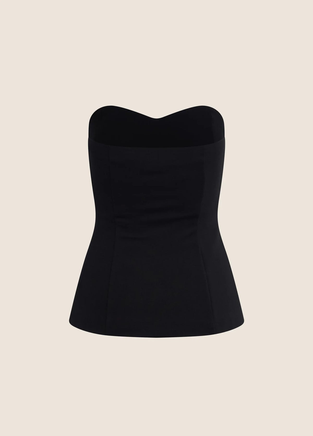 A black strapless corset-style top with a sweetheart neckline, photographed against a solid light beige background.